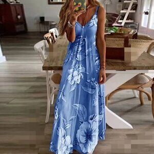 Women's Plus Size Floral Print V Neck Long Dress, New.